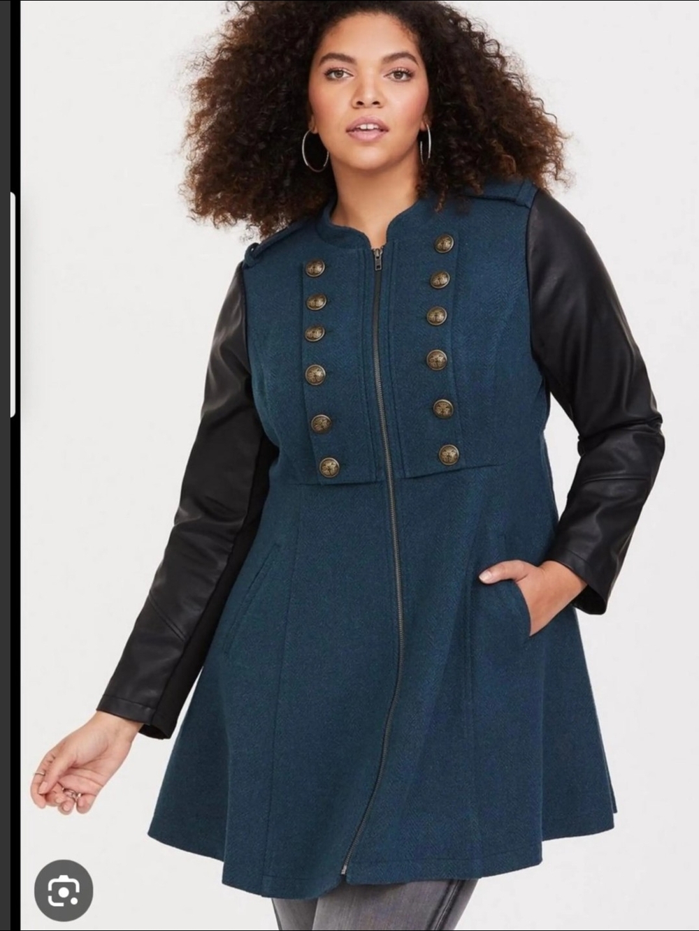 NWOT Teal Military-Inspired Coat with Black Faux-Leather Sleeves
